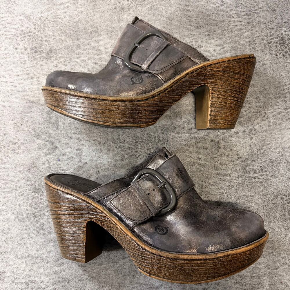 Distressed Metallic Leather Chunky Wooden Platform Clogs